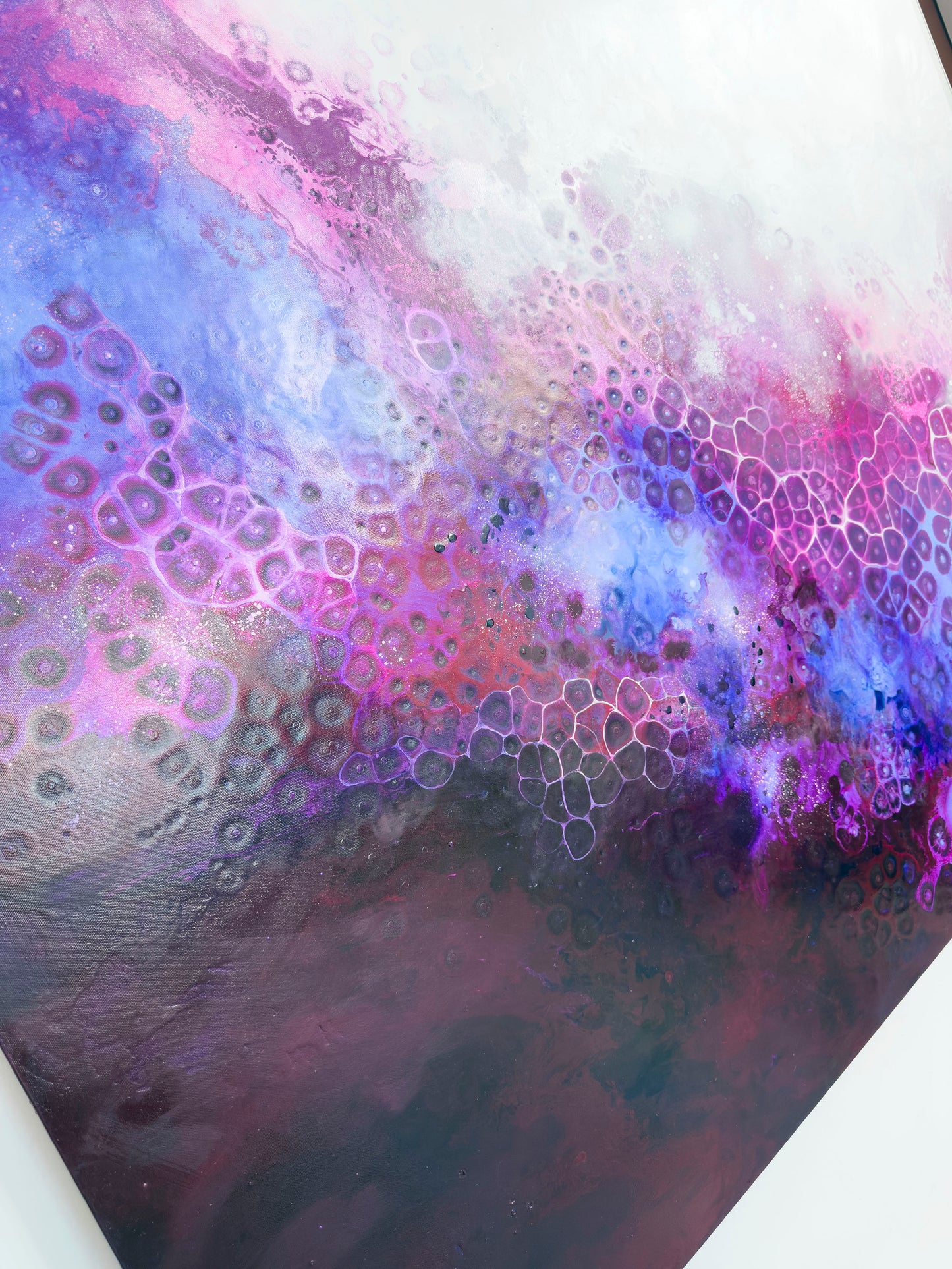 Close-up of a colorful, textured abstract art with bubbles