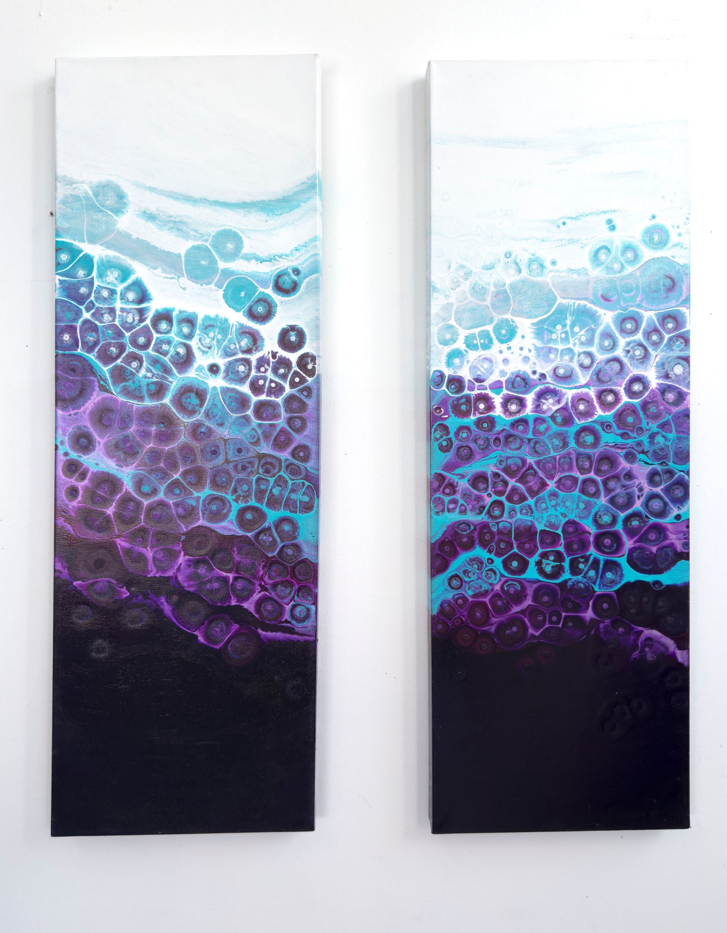 wall art, abstract art Two abstract art panels with blue and purple patterns on a white background