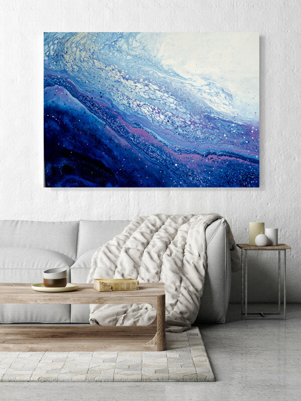 abstract ocean art blue fluid painting hanging in modern interior wall art home decor
