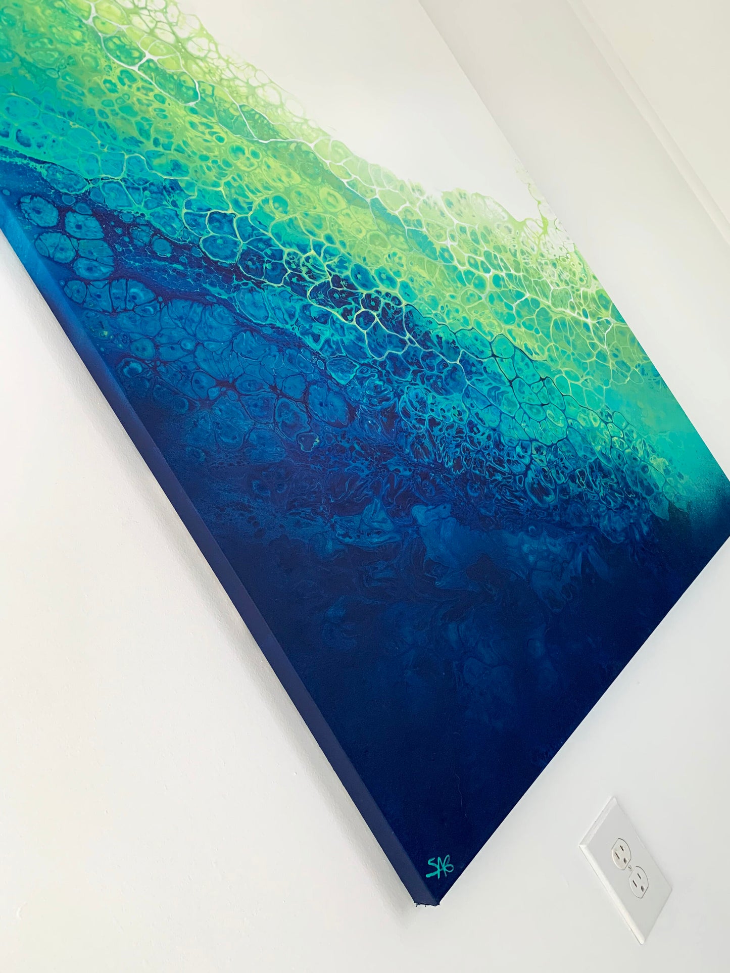 abstract ocean art yellow and blue fluid painting wall art home decor
