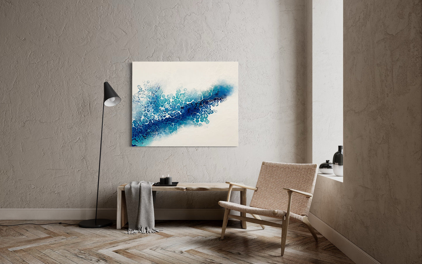 abstract ocean art blue fluid painting hanging in modern interior wall art home decor