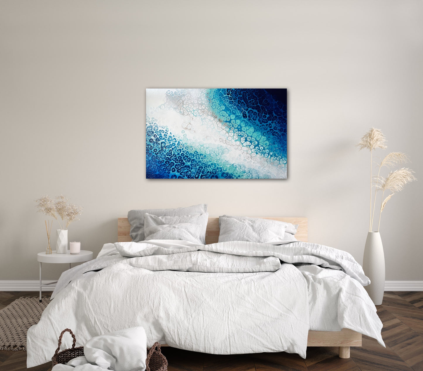 abstract ocean art blue fluid painting hanging in modern interior wall art home decor