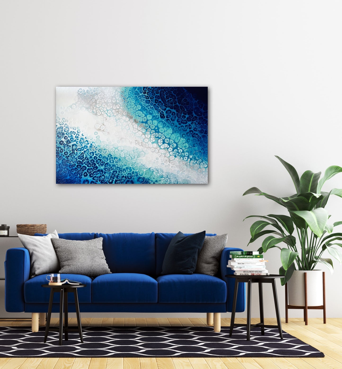 abstract ocean art blue fluid painting hanging in modern interior wall art home decor