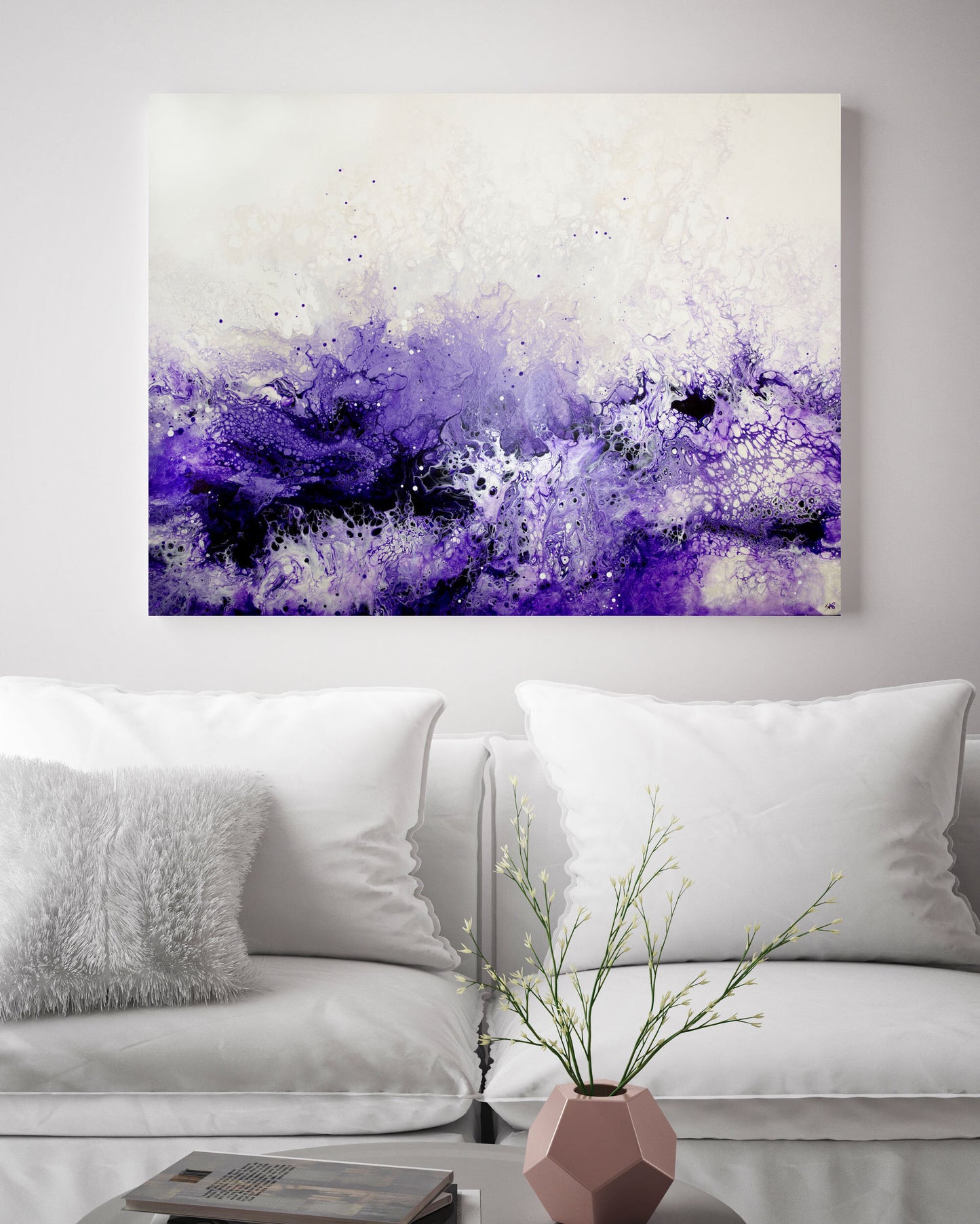 abstract ocean art purple fluid painting hanging in modern interior wall art home decor