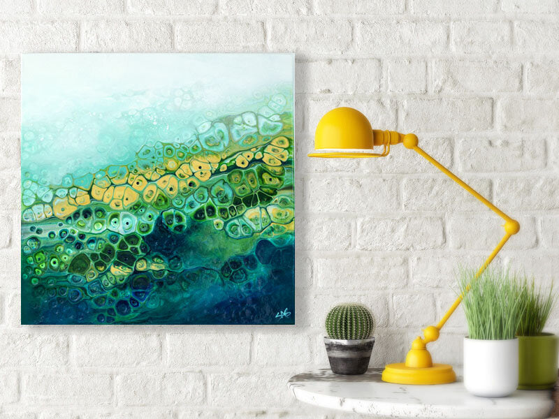 abstract ocean art green fluid painting hanging in modern interior wall art home decor