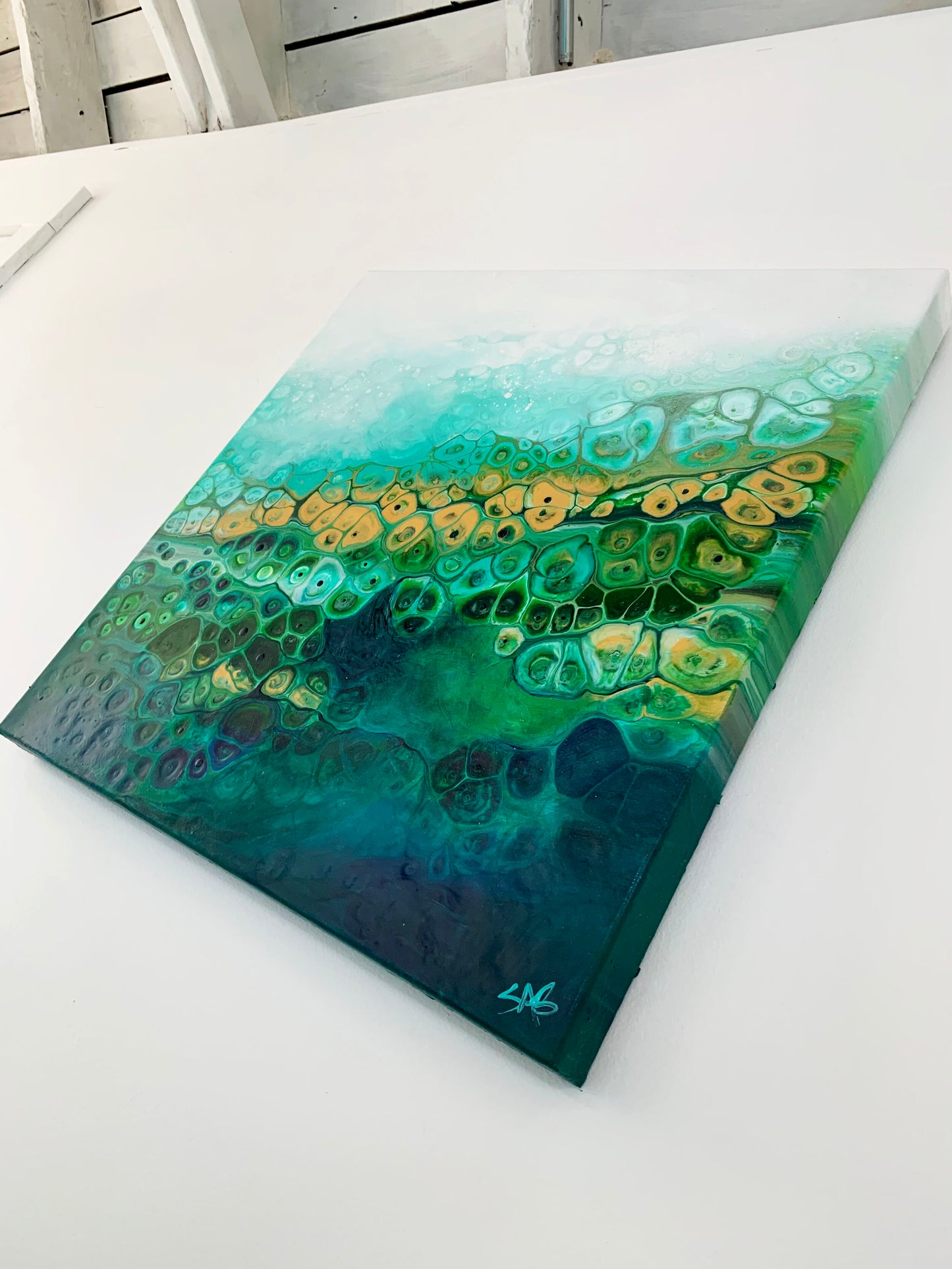 abstract ocean art green fluid painting wall art home decor