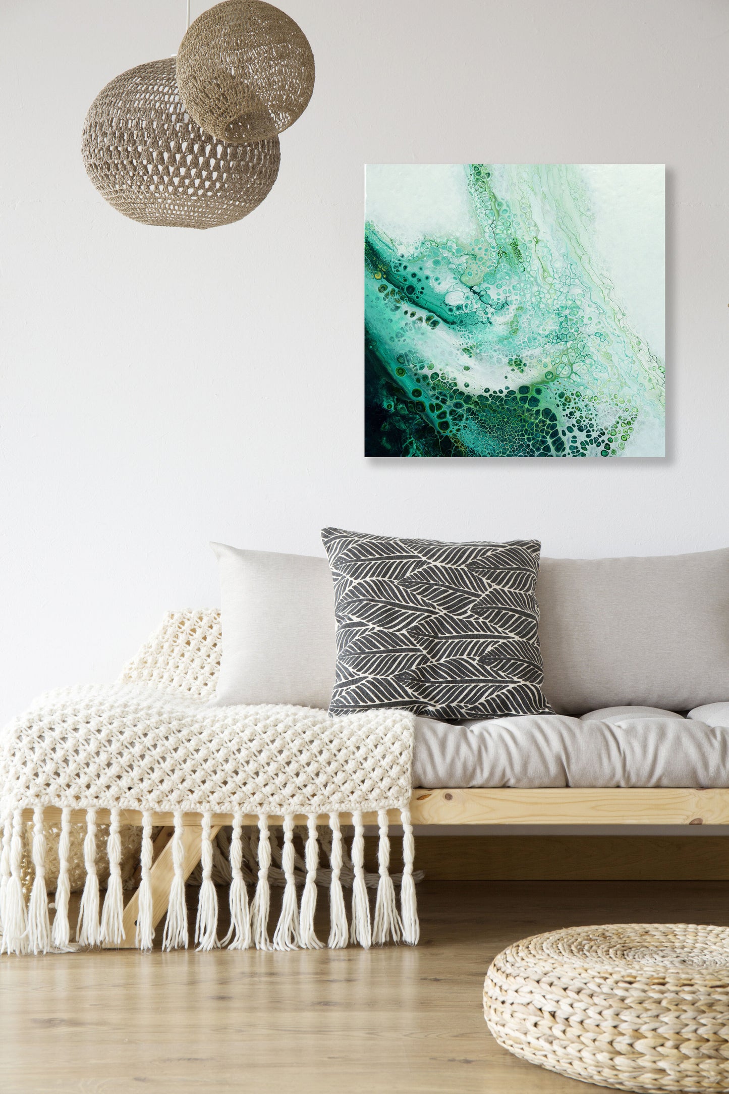 abstract ocean art green fluid painting hanging in modern interior