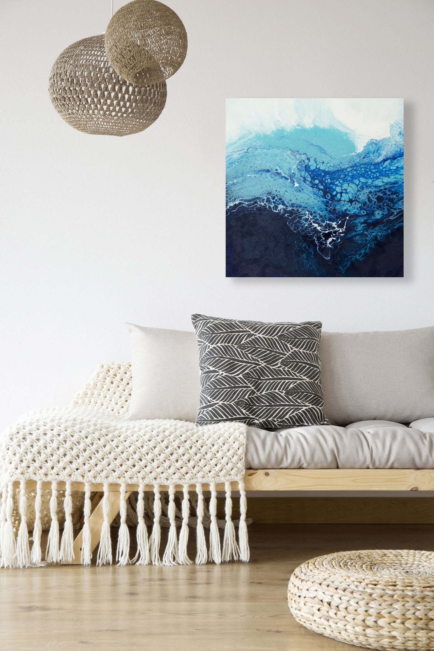 abstract ocean art blue fluid painting hanging in modern interior wall art home decor
