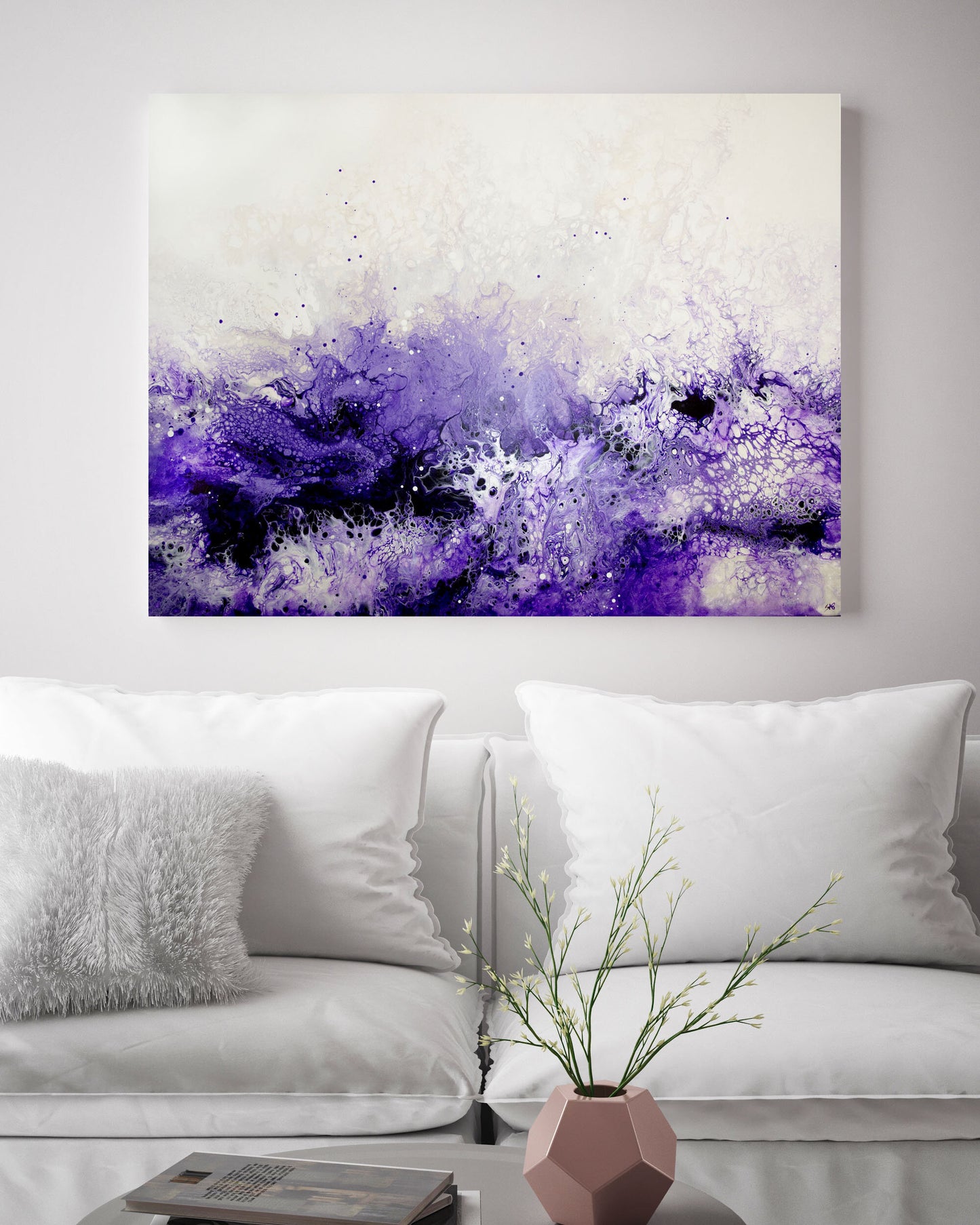 abstract ocean art purple fluid painting hanging in modern interior 