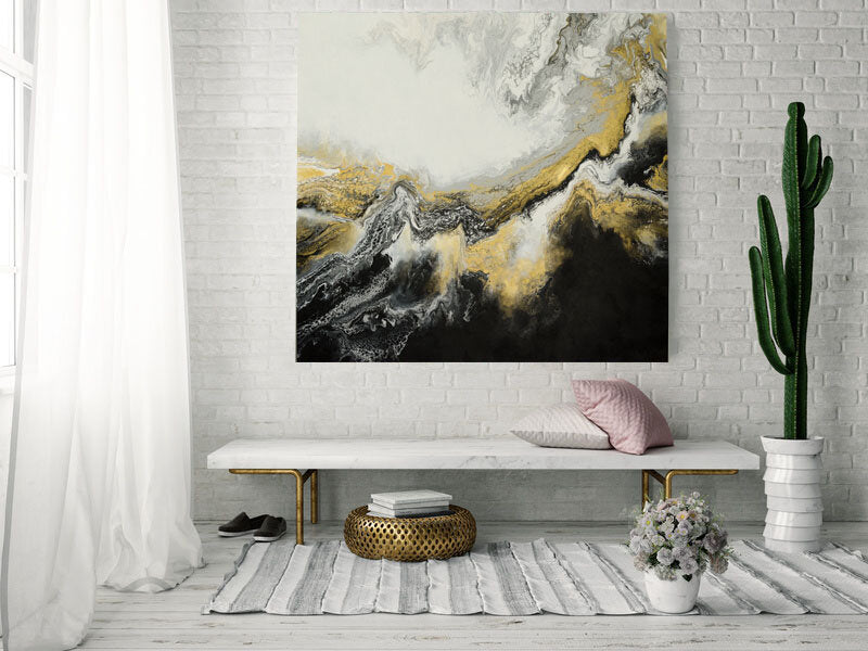 abstract black and gold painting on canvas in modern interior 
